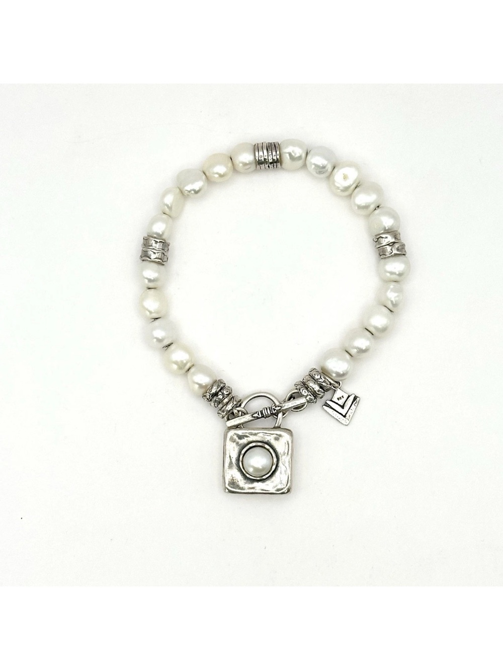 Silpada White Pearl Toggle Bracelet with Silver Square Charm Size 8.5 inches